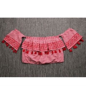 American Eagle Off The Shoulder Cropped Top Women L  Red Gingham Cottagecore